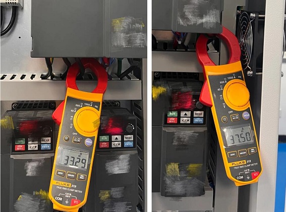 使用F319测试变频器的输入(左33A)和输出电流(右37A),属于正常的差异状态。